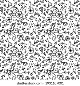 Floral seamless pattern. Black and white doodle illustration on white background. Spring or summer doodles objects. Vector background