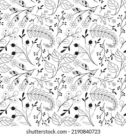 Floral seamless pattern in black and white line style. Doodle flowers textile print. Vintage nature graphic. Berry, flowers and foliage motif