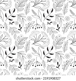 Floral Seamless Pattern In Black And White Line Style. Doodle Flowers Textile Print. Vintage Nature Graphic. Umberella Roan Branch, Lavander Flower Anf Leaves