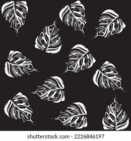 Floral seamless pattern, black and white split leaf Philodendron plant grapes on white background, pastel vintage theme