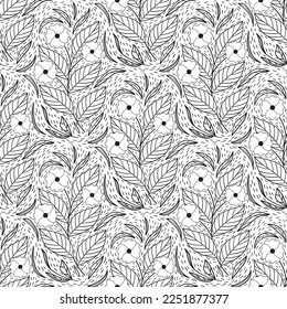 Patrón floral sin soldadura en el estilo de línea blanca y negra con motivos de baldosas damasquinadas. Flores de garabato con estampado textil. Gráfico de naturaleza vintage. Flor de flor grande con hojas