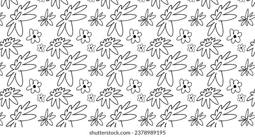 Floral seamless pattern in black and white line illustrations. Endless texture with flowers.