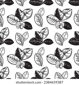 Floral seamless pattern. Black and white vector illustration with leaves and flowers.