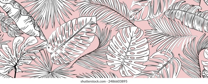 Floral seamless pattern, black and white tropical split leaf on pink background, line ink drawing, vector