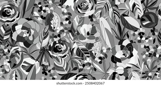 Floral seamless pattern in black and white with leaves and flower design elements. Vector illustration. 