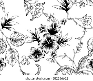 Floral seamless pattern. Black and white background