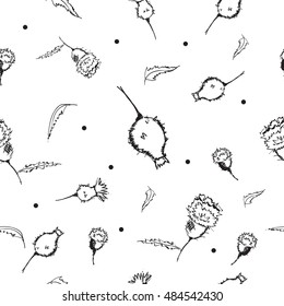 Floral seamless pattern  in black and white colors. Vector texture of hand drawn monochrome burdock
