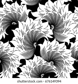 Floral seamless pattern. Black and white fantasy background wallpaper illustration with abstract  harp paisley flowers and modern flourish psychedelic ornaments. Vector isolated flowers texture.