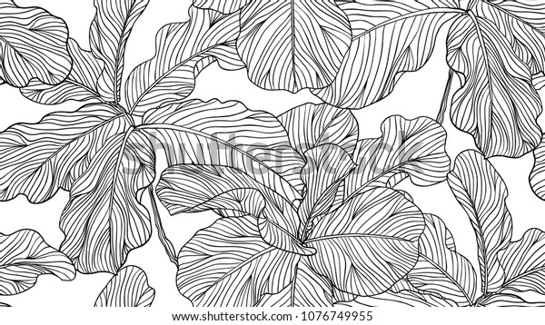 Floral seamless pattern,\
black and white fiddle leaf fig on white background, line art ink\
drawing