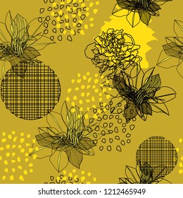 Floral seamless pattern, black and yellow flowers and leaves on yellow background, pastel vintage theme