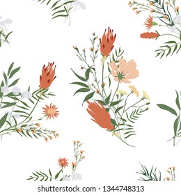 Floral seamless pattern. Blooming botanical motifs scattered random. Trendy blossom colorful vector texture. Fashion, ditsy print, fabric. Hand drawn different wild meadow flowers on white background