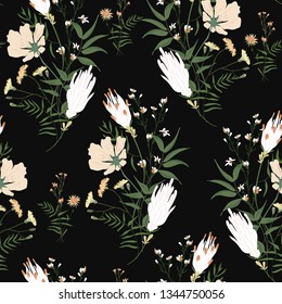 Floral seamless pattern. Blooming botanical motifs scattered random. Trendy blossom colorful vector texture. Fashion, ditsy print, fabric. Hand drawn different wild meadow flowers on black background
