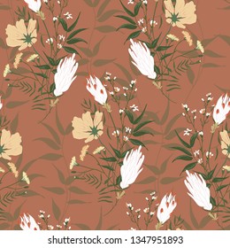 Floral seamless pattern. Blooming botanical motifs scattered random. Trendy blossom colorful vector texture. Fashion, ditsy print, fabric. Hand drawn different wild meadow flowers on red background