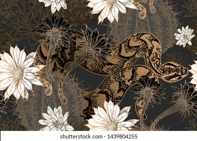 Floral seamless pattern. Blooming cacti and snakes. Print gold foil on black background. Template for fabrics, textiles, wallpaper, paper. Vector illustration art. Exotic luxury nature ornament.