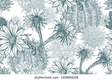 Floral seamless pattern. Blooming cacti. Blu and white background. Template for fabrics, textiles, wallpaper, paper. Vector illustration art. Exotic modern nature ornament.