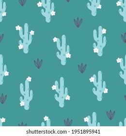 Patrón floral sin fisuras con cactús florecientes sobre fondo verde. Perfecto para papel pintado, papel envolvente, tarjetas de felicitación primavera y verano. Estilo escandinavo. Ilustración vectorial dibujada por mano