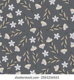 Floral seamless pattern of blooming coneflowers and leaves. Allover print surface design of stylized abstract echinacea flowers on smoke gray background. 