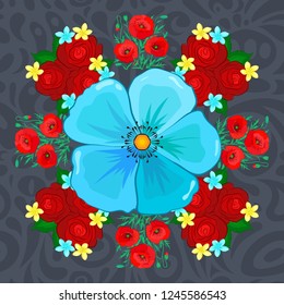 Floral seamless pattern with blooming cosmos flowers and leaves in red, green and blue colors. Stylish wallpaper with cosmos flowers. Abstract vector background.