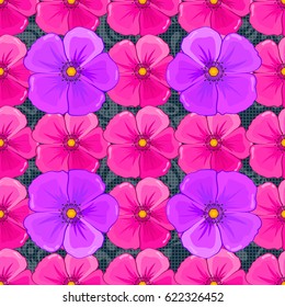 Floral seamless pattern with blooming cosmos flowers and leaves on a blue background. Stylish wallpaper with cosmos flowers. Abstract vector background.