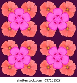Floral seamless pattern with blooming cosmos flowers and leaves on a purple background. Stylish wallpaper with cosmos flowers. Abstract vector background.