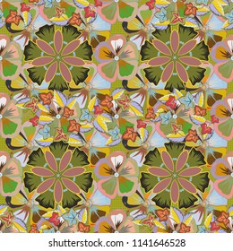 Floral seamless pattern with blooming flowers and leaves in green, yellow and brown colors. Stylish wallpaper with flowers. Abstract vector background.