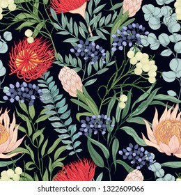 Floral seamless pattern with blooming flowers on black background. Romantic backdrop with gorgeous flowering plants. Realistic hand drawn vector illustration in elegant antique style for fabric print.