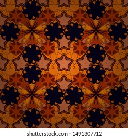 Floral seamless pattern with blooming flowers and leaves in orange, black and brown colors. Abstract vector background. Stylish wallpaper with flowers.