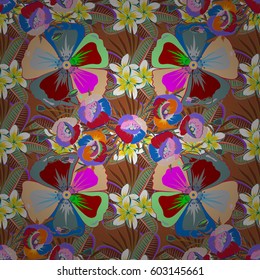Floral seamless pattern with blooming flowers and leaves in blue and green colors. Stylish wallpaper with flowers. Abstract vector background.