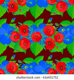 Floral seamless pattern with blooming flowers and leaves on a red background. Stylish wallpaper with flowers. Abstract vector background.