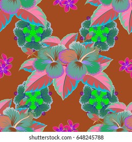 Floral seamless pattern with blooming flowers and leaves in blue and green colors. Stylish wallpaper with flowers. Abstract vector background.