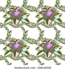 Floral seamless pattern with blooming flowers and leaves in green and yellow colors. Stylish wallpaper with flowers. Abstract vector background.