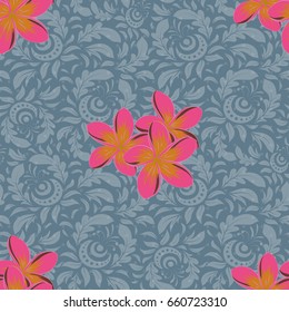 Floral seamless pattern with blooming flowers and leaves in yellow, orange and pink colors. Stylish wallpaper with flowers. Abstract vector background.