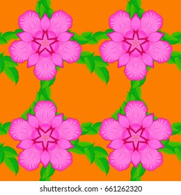 Floral seamless pattern with blooming flowers and leaves on a orange background. Stylish wallpaper with flowers. Abstract vector background.
