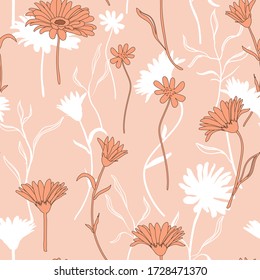 Floral seamless pattern with blooming gerbera daisy flowers on pink background. Doodle hand drawn line art style. Elegant vector texture for textile print, cards, wedding invitations, wallpaper.