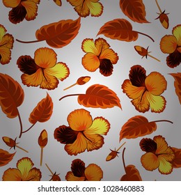 Floral seamless pattern with blooming hibiscus flowers and leaves in yellow, white and orange colors. Stylish wallpaper with hibiscus flowers. Abstract vector background.