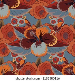 Floral seamless pattern with blooming hibiscus flowers and leaves in brown and orange colors. Stylish wallpaper with hibiscus flowers. Abstract vector background.