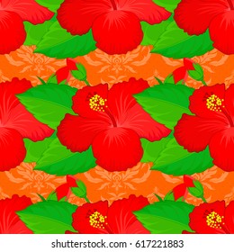 Floral seamless pattern with blooming hibiscus flowers and leaves on a orange background. Stylish wallpaper with hibiscus flowers. Abstract vector background.