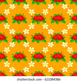 Floral seamless pattern with blooming hibiscus flowers and leaves on a yellow background. Stylish wallpaper with hibiscus flowers. Abstract vector background.