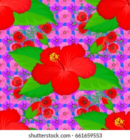 Floral seamless pattern with blooming hibiscus flowers and leaves on a blue background. Stylish wallpaper with hibiscus flowers.
