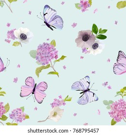 Floral Seamless Pattern with Blooming Hydrangea Flowers and Flying Butterflies in Watercolor Style. Beauty in Nature. Background for Fabric, Textile, Print and Invitation. Vector illustration