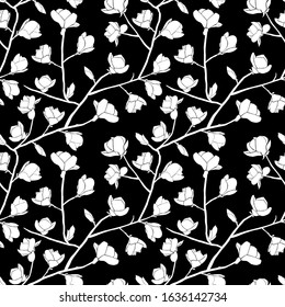 Floral Seamless pattern. Blooming magnolia on a black background.
Texture for web, print, wallpaper, home decor, spring fashion fabric, textile, invitation or website background.
