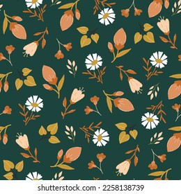 Patrón floral sin fisuras. Fondo de prado floreciente. Diseño floral creativo. Las flores se ciernen sobre un fondo oscuro. Patrón vectorial para varias superficies. Impresión creativa sin fisuras.