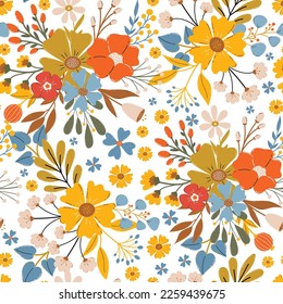 Floral seamless pattern. Blooming meadow background. Creative floral design. Vector pattern for various surface. Blossom floral seamless print.