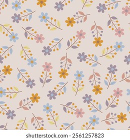 Floral seamless pattern of blooming pastel blush flowers and leaves. Allover print surface design of stylized abstract spring flowers on white coffee background. 