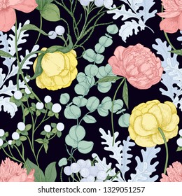Floral seamless pattern with blooming peonies, ranunculus, eucalyptus gunnii on black background. Elegant backdrop with gorgeous flowers. Realistic hand drawn vector illustration in vintage style.