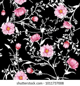 Floral seamless pattern blooming pink watercolor flowers Botanical  with white branch and leaves Seamless vector texture. For fashion prints. Printing with in hand drawn style on black background.