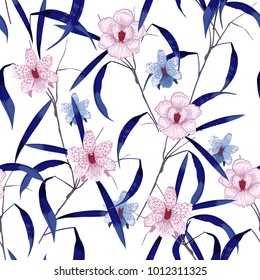 Floral seamless pattern blooming pink hand drawning flowers Botanical  Seamless vector texture. Elegant template for fashion prints. Printing with in hand drawn style on white
