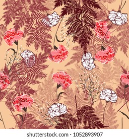 Floral seamless pattern blooming pink flowers Botanical and fern leaves. Seamless vector texture. Elegant template for fashion prints. Printing with in hand drawn style on light orange background.