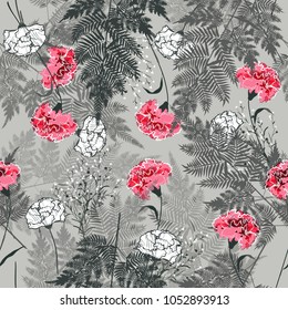 Floral seamless pattern blooming pink flowers Botanical and fern leaves. Seamless vector texture. Elegant template for fashion prints. Printing with in hand drawn style on stylish grey background.