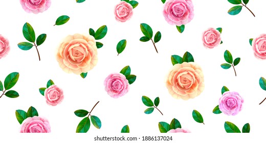 Floral seamless pattern with blooming pink and yellow rose flowers, green leaves on white background. Spring blossom nature repeat texture design. Autumn or summer blossom roses elegant chintz pattern